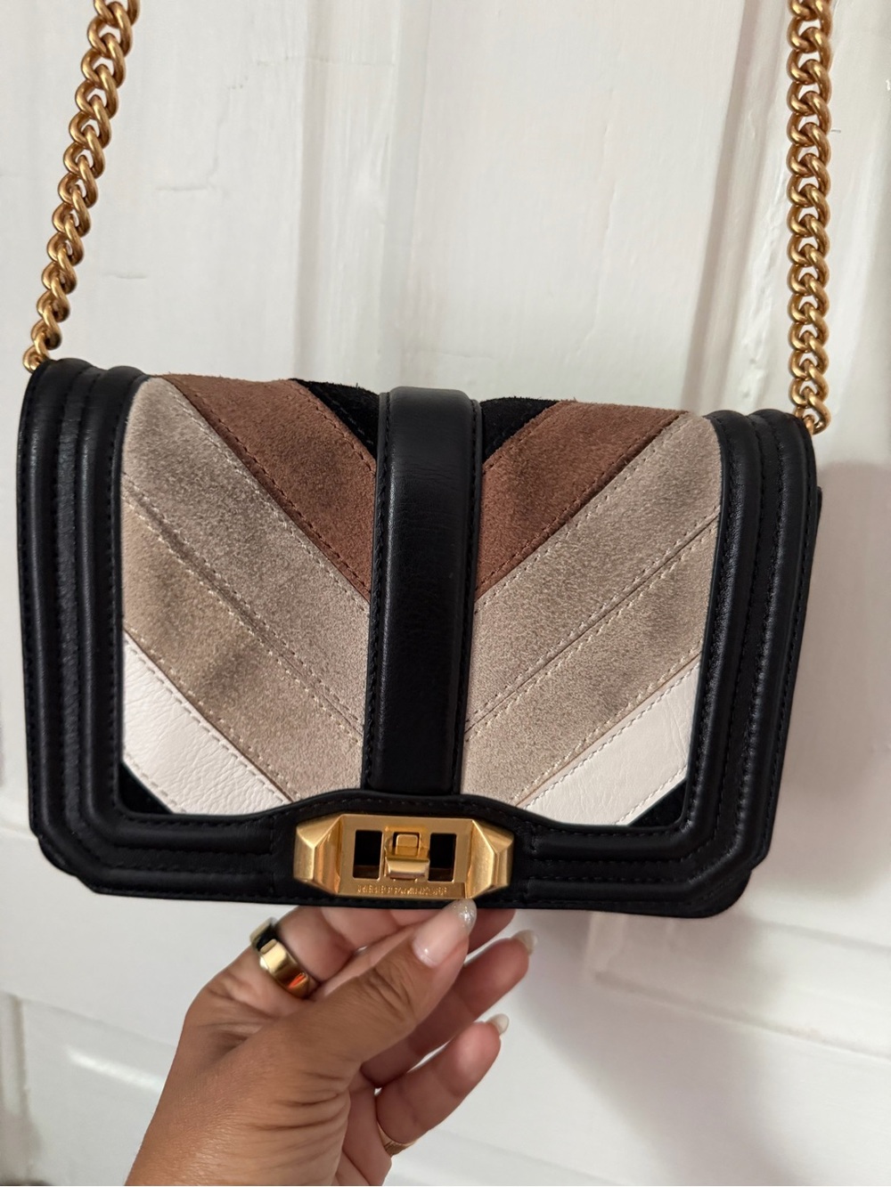 Rebecca Minkoff Black Multi Chevron Suede Shoulder Bag with Gold Chain